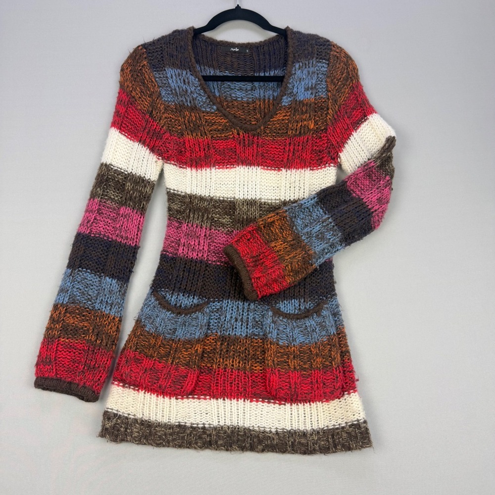 Y2K Papaya Tunic Sweater Multicolor Striped Open Knit V-Neck Pockets Twee S/M